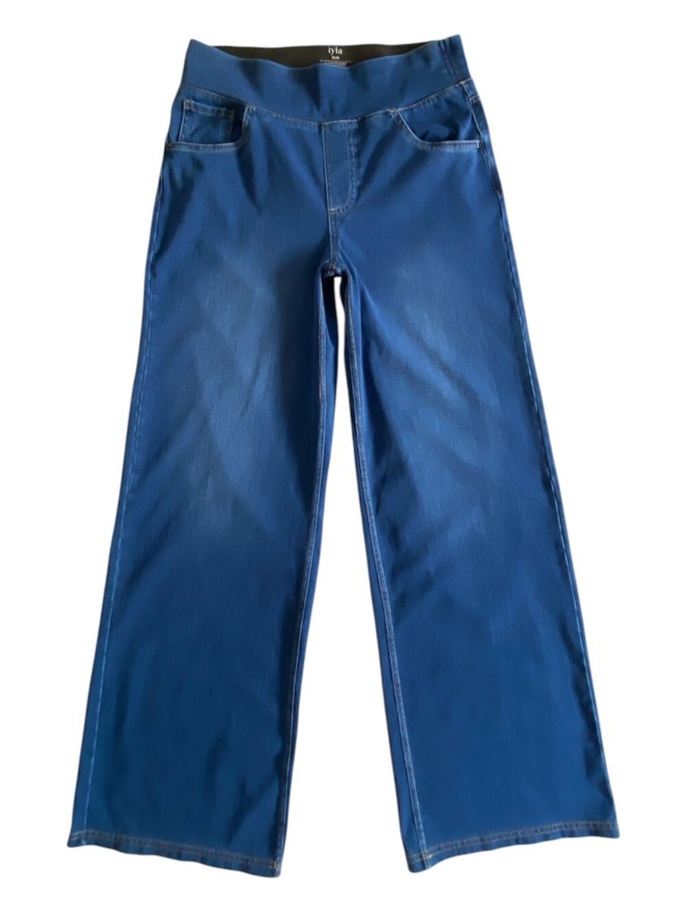 IYLA Wide Leg Denim Look Stretch Pants Medium Blue Pull On Comfort Trousers M